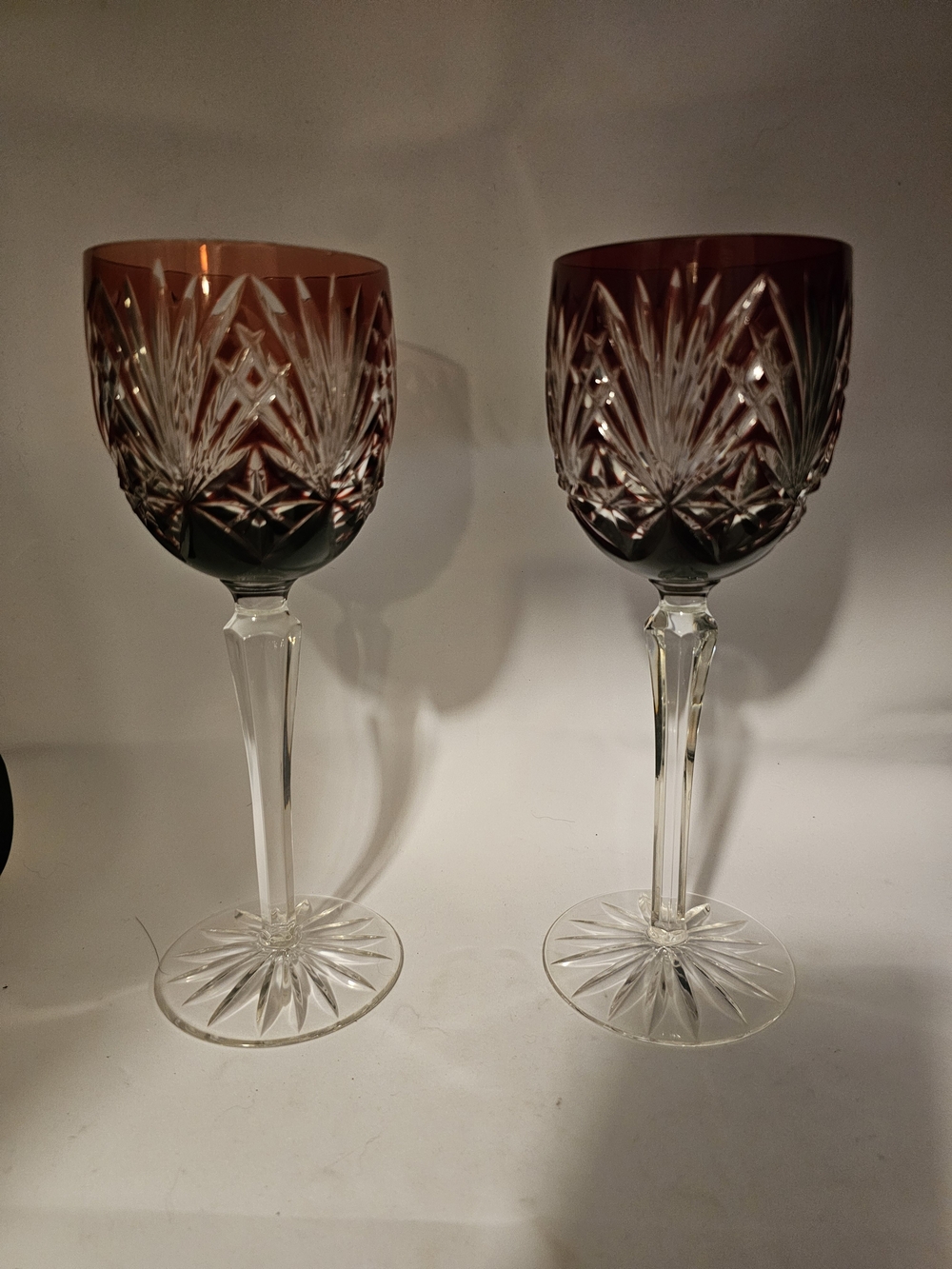 AJKA, Pair Of Vintage Bohemian Crystal, Cut To Clear, Cranberry Wine Glasses